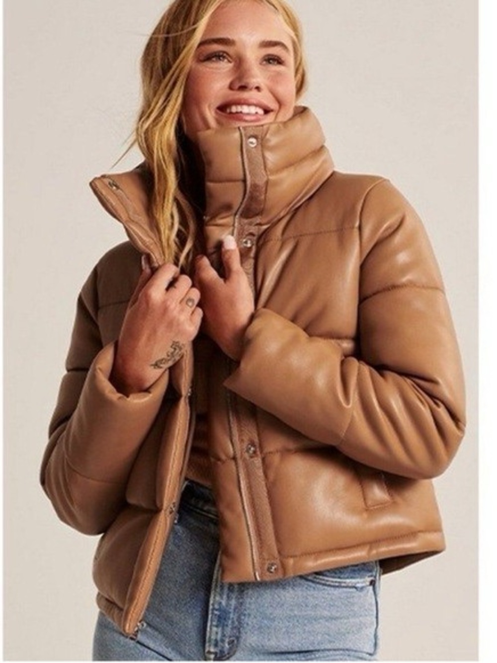 Abercrombie & Fitch Camel Tan Faux Leather Puffer Jacket
